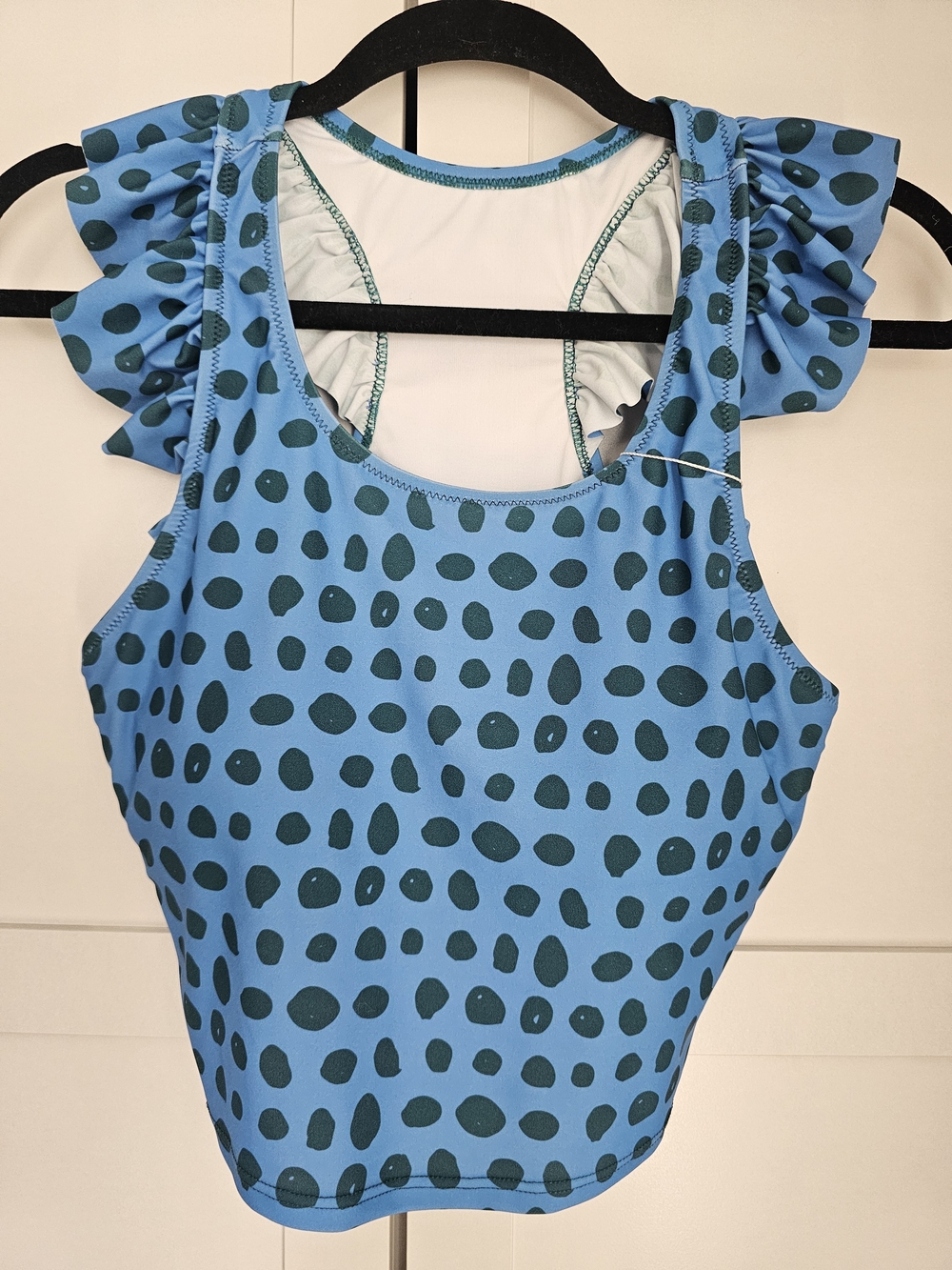 Latched Mama Nursing Crop Swim Top Ruffle Strap Blue Green Dots Small NWT